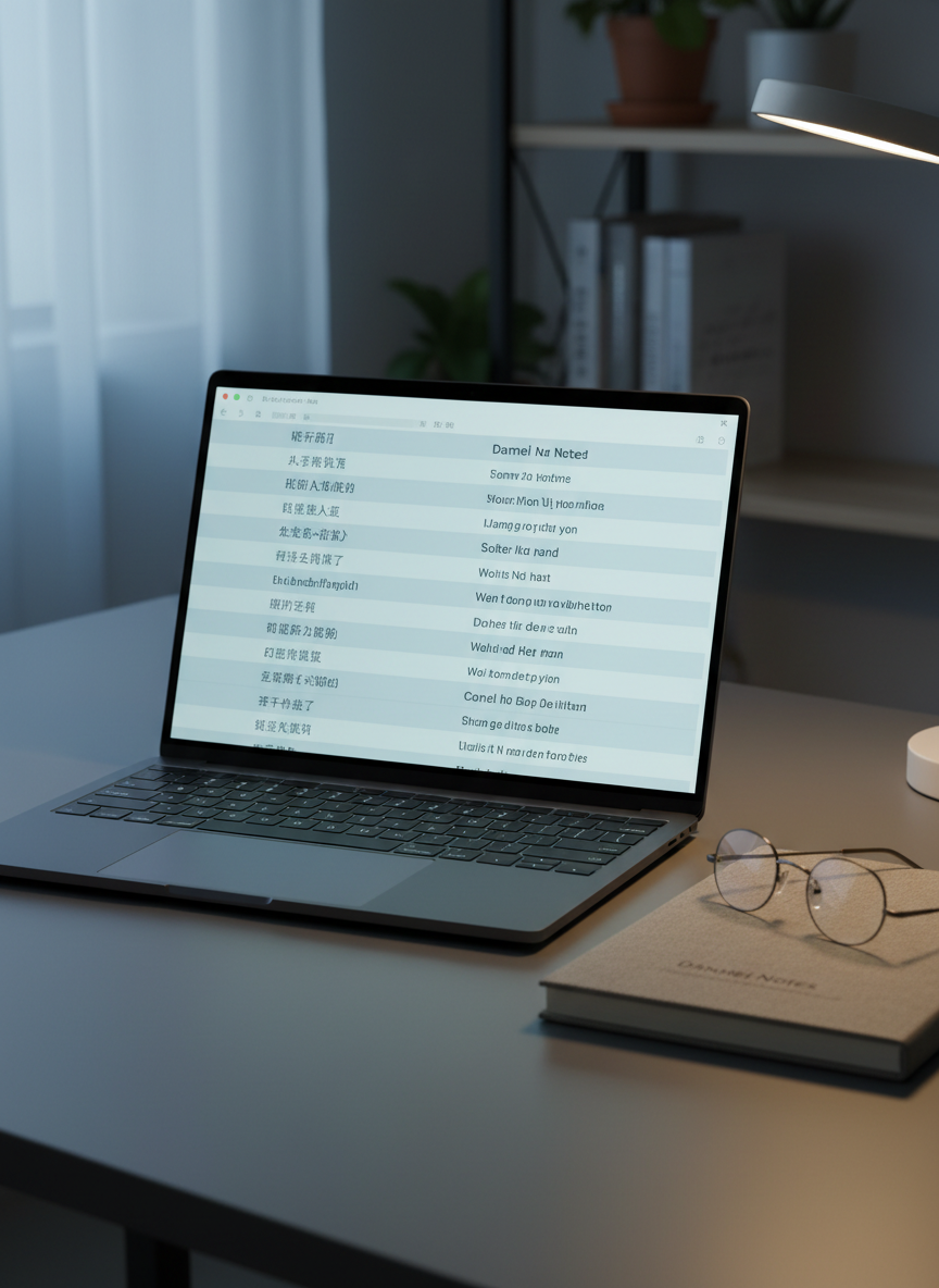 A slim, matte-black laptop displays a clean text editor with parallel Chinese and English lines, each sentence aligned with precise spacing. The screen’s glow reflects faintly on a smooth, charcoal-gray desk surface. Nearby, a pair of minimalist, frameless reading glasses rests atop a closed, linen-textured notebook embossed with an understated title: “Danmei Notes.” Cool, diffused evening light blends with the soft, neutral light from a modern desk lamp, creating a balanced, hushed ambience. Photographic realism, shot from a slightly elevated angle using the rule of thirds, with sharp focus on the bilingual text and a gentle bokeh softening the background, conveying focus, rigor, and refined intellectual work.