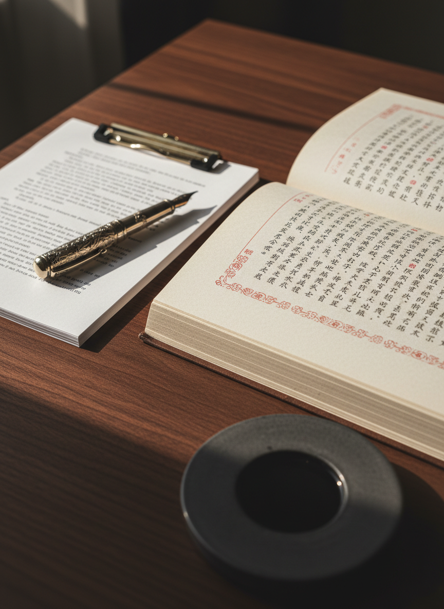 A meticulously arranged hardcover Chinese novel lies open on a dark walnut desk, its cream pages filled with elegant black characters and delicate red punctuation marks. Beside it rests an antique silver fountain pen and a thin stack of neatly typed translation pages, clipped together. A porcelain inkstone with a faint sheen anchors the corner. Soft afternoon light filters in from an unseen window, casting gentle, elongated shadows and subtle highlights along the paper fibers. Photographic realism, eye-level composition with a slight diagonal angle, shallow depth of field so the open page is in crisp focus while the desk edges blur, creating a sophisticated, contemplative atmosphere perfect for a literary translation blog hero image.
